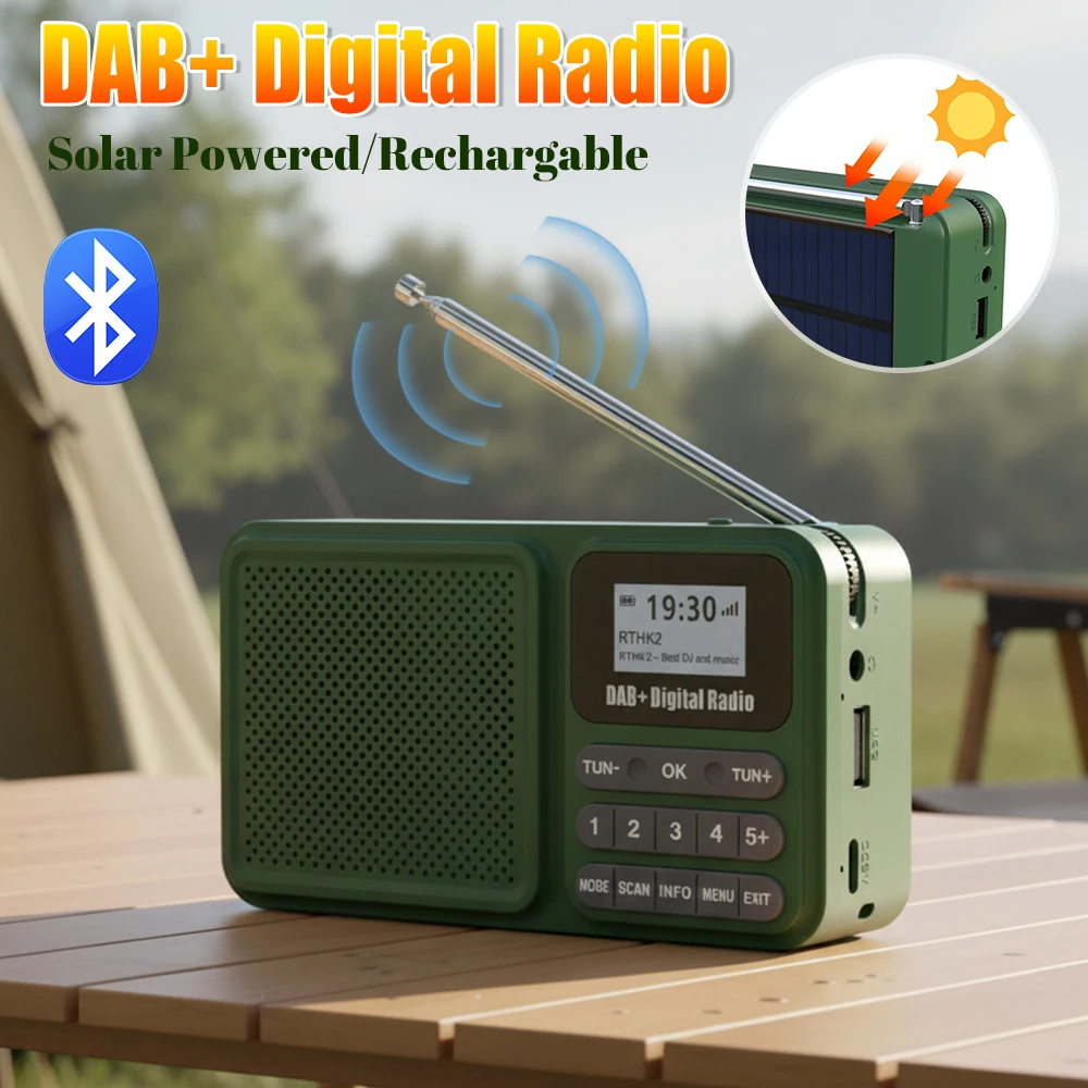 

Портативное цифровое радио DAB+ с поддержкой Bluetooth, FM-радио с солнечной батареей/перезаряжаемое, поддерживает воспроизведение MP3 с U-дисков и TF-карт, LCD-дисплей