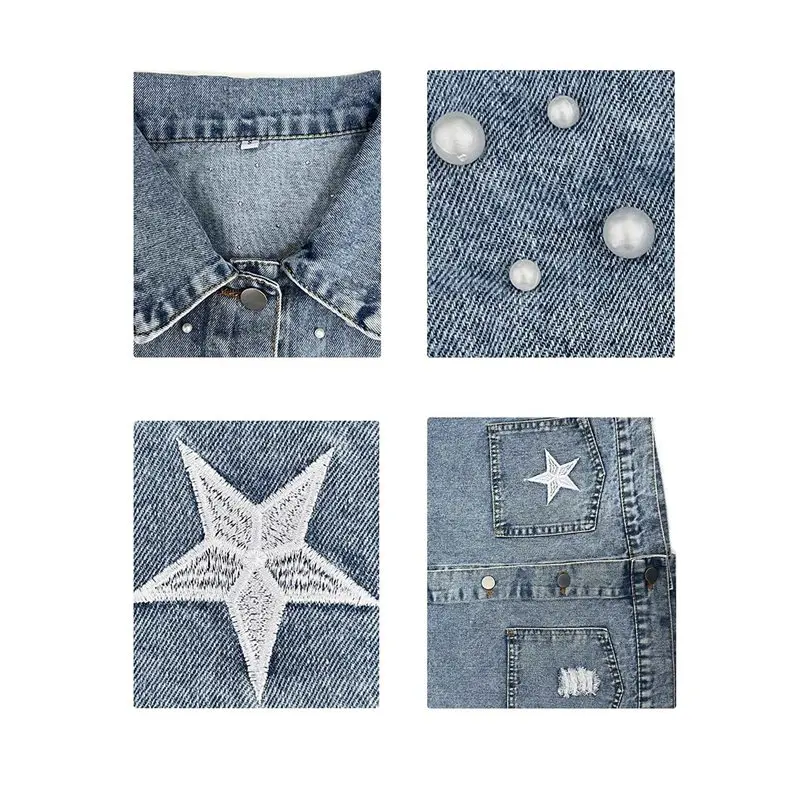 【КОМПЛЕКТЫ】Женская укороченная джинсовая куртка с бисером, рваная джинсовая куртка с вышивкой звезд, пальто