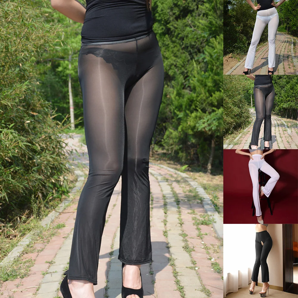 

Брюки Брюки Прозрачные расклешенные брюки Праздничные ледяные шелковые сексуальные прозрачные однотонные женские брюки с вырезами Высокое качество