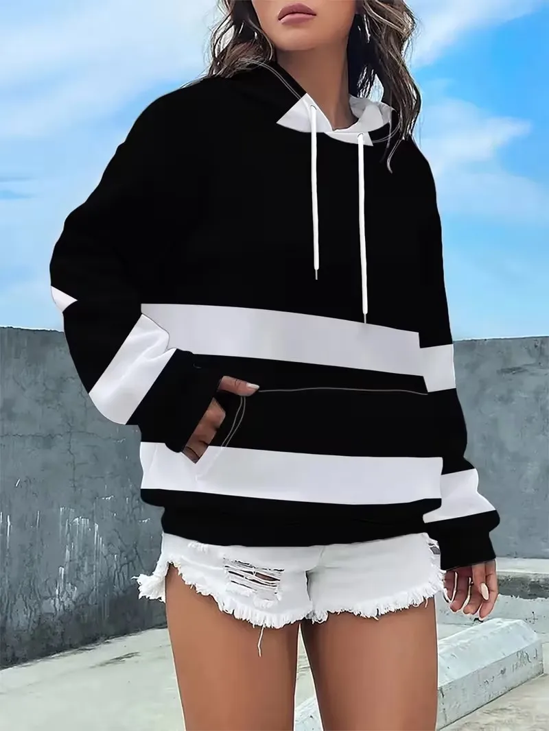 women's autumn winter long sleeved kangaroo pocket drawstring casual Pullover 3D striped gradient printed Hoodies