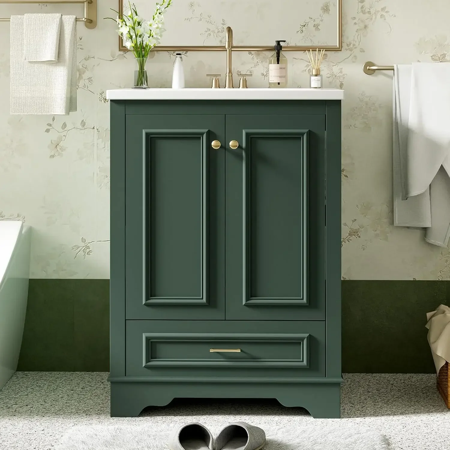 

24in Wood Bathroom Vanity Cabinet with Ceramic Sink Adjustable Shelf Drawer, Customized