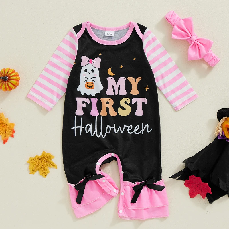 Tenues d'Halloween rayées à manches longues pour bébés filles, combinaison à imprimé fantôme, ensemble de bande de sauna, vêtements pour nouveau-nés, 2 pièces