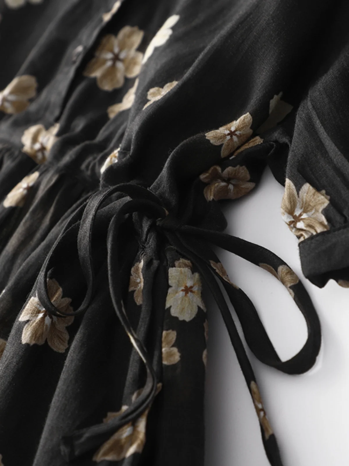 레트로 고급 린넨 플로럴 프린트 드레스 여성용 반팔 벨트 허리 조임 롱 스커트 출퇴근 스타일 프린트 시스루 원단