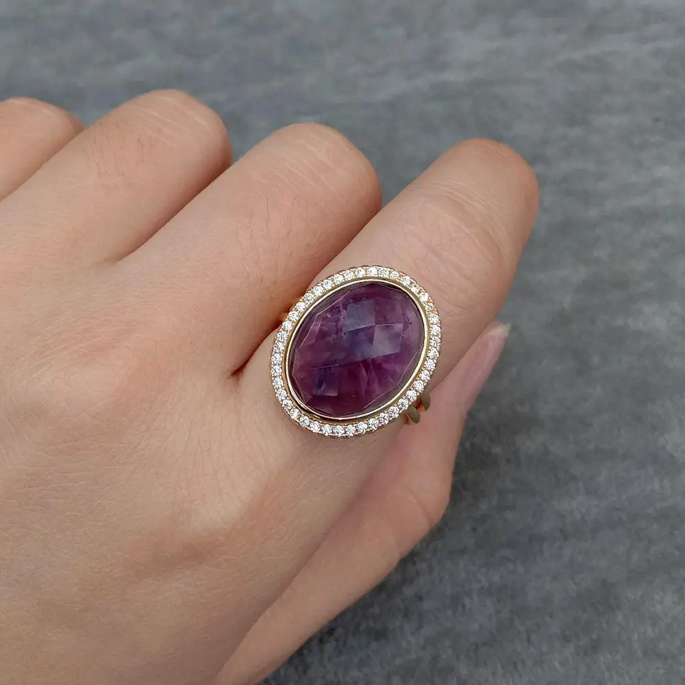 

Y.YING Oval Purple Amethyst Rhinestone Pave Finger Rings Adjustable Ring Anniversary Jewelry