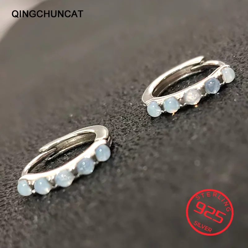 925 Sterling Silver Blue Opal Simple Geometric Ear Buckles Round Hoop Earrings Pave Setting CZ for Women Jewelry