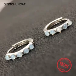 925 Sterling Silver Blue Opal Simple Geometric Ear Buckles Round Hoop Earrings Pave Setting CZ for Women Jewelry