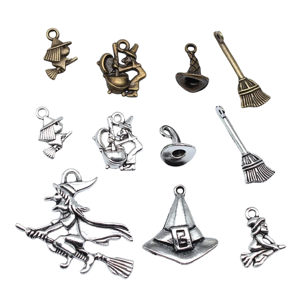 20pcs Halloween Witch Wizard Antique Bronze Silver Color Pendants DIY Findings Tibetan Jewelry