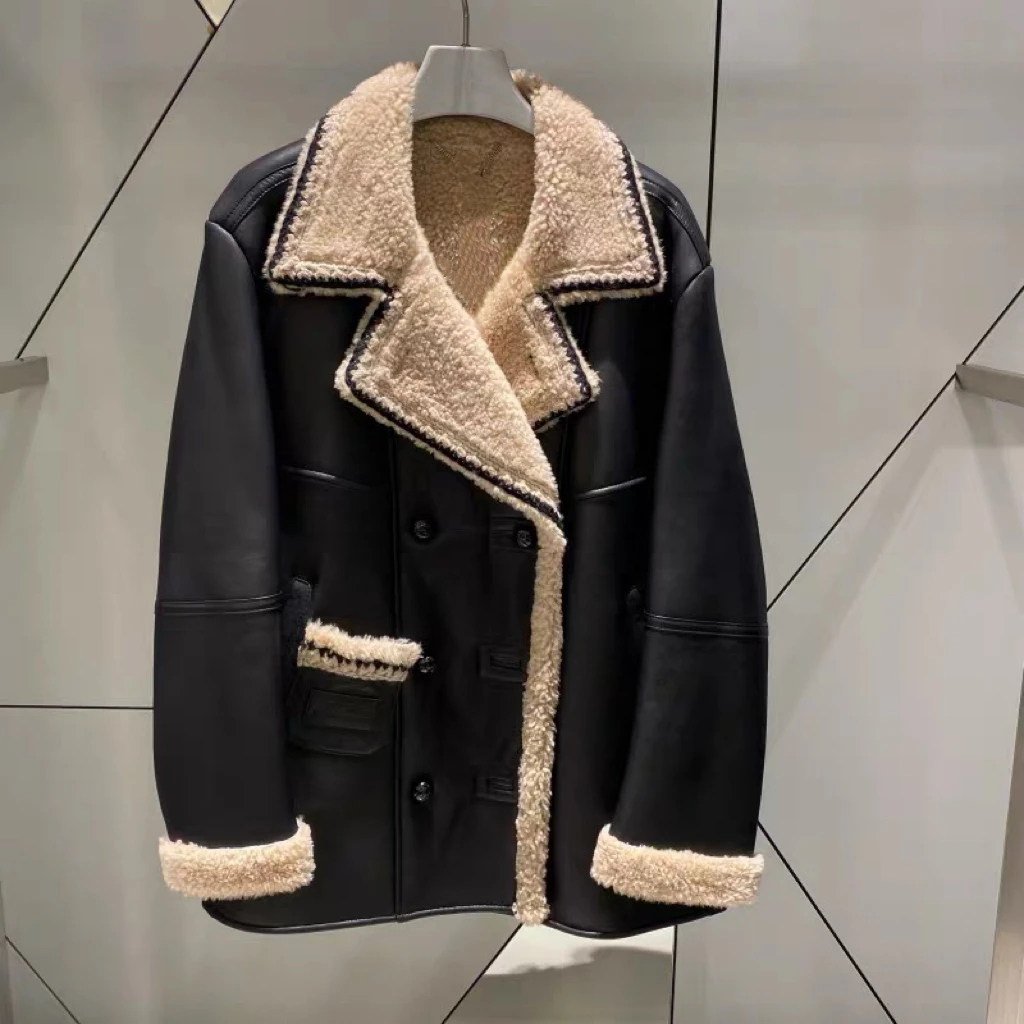 الليمون الجبن LUC25 الخريف Faion الوقوف طوق فو الفراء eepskin Thiened ملابس خارجية المرأة فضفاضة نسخة واسعة مزدوجة الصدر #3