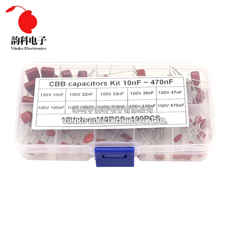 

100pcs/lot 100V 10nF~470nF Metallized Polyester Film Capacitors Assortment Kit High precision and stability CBB capacitor set
