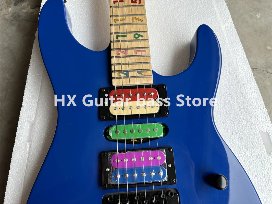 Blue electric guitar Maple fingerboard Multicolor digital Mosaic Rainbow HSH pickup Black tremolo bridge