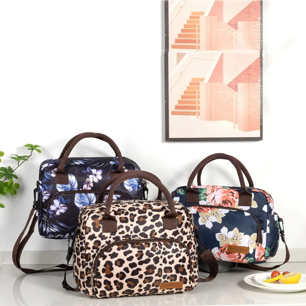 

Fashion Portable Nylon Lunch Bag 11 L Large Capacity Insulated Handbag Leopard Print Handheld Diaper Bag Women