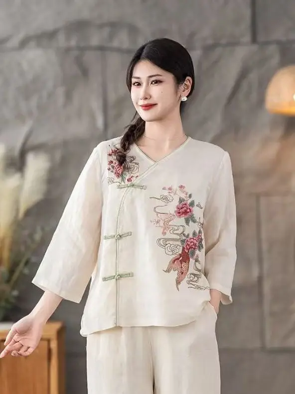 New 2025 Women's Linen Shirt V-Neck Side Button Chinese Style Loose Top National Style Floral Embroidery Thin Summer Fashion