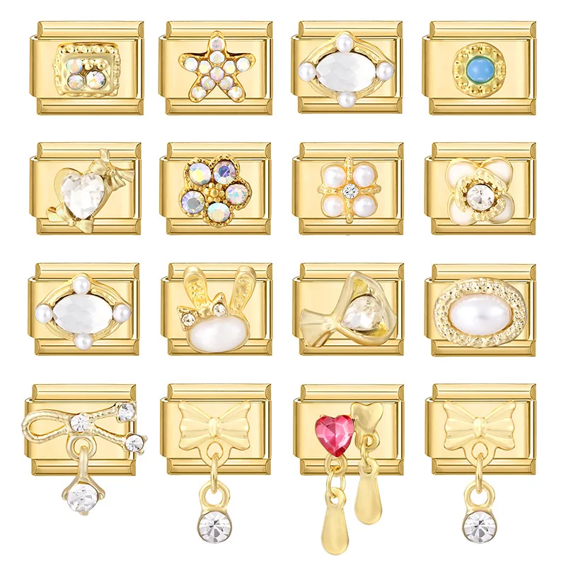 الزركون القلب القوس الكرز الصليب ستار القمر اللؤلؤ الذهب اللون الإيطالية سحر الروابط صالح 9 مللي متر الفولاذ المقاوم للصدأ سوار المرأة DIY بها بنفسك صنع