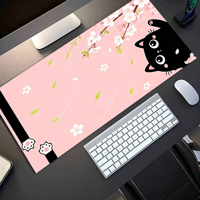 

Black Cat Sakura Pattern mouse pad, Office Carpet Large Gaming Mousepad New Non-Slip Rubber Laptop Computer Accessories Desk Mat