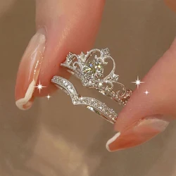 LATS 2PCS Crystal Crown Adjustable Ring Irregular Geometry Vintage Rings Set for Women Girls New Fashion Jewelry