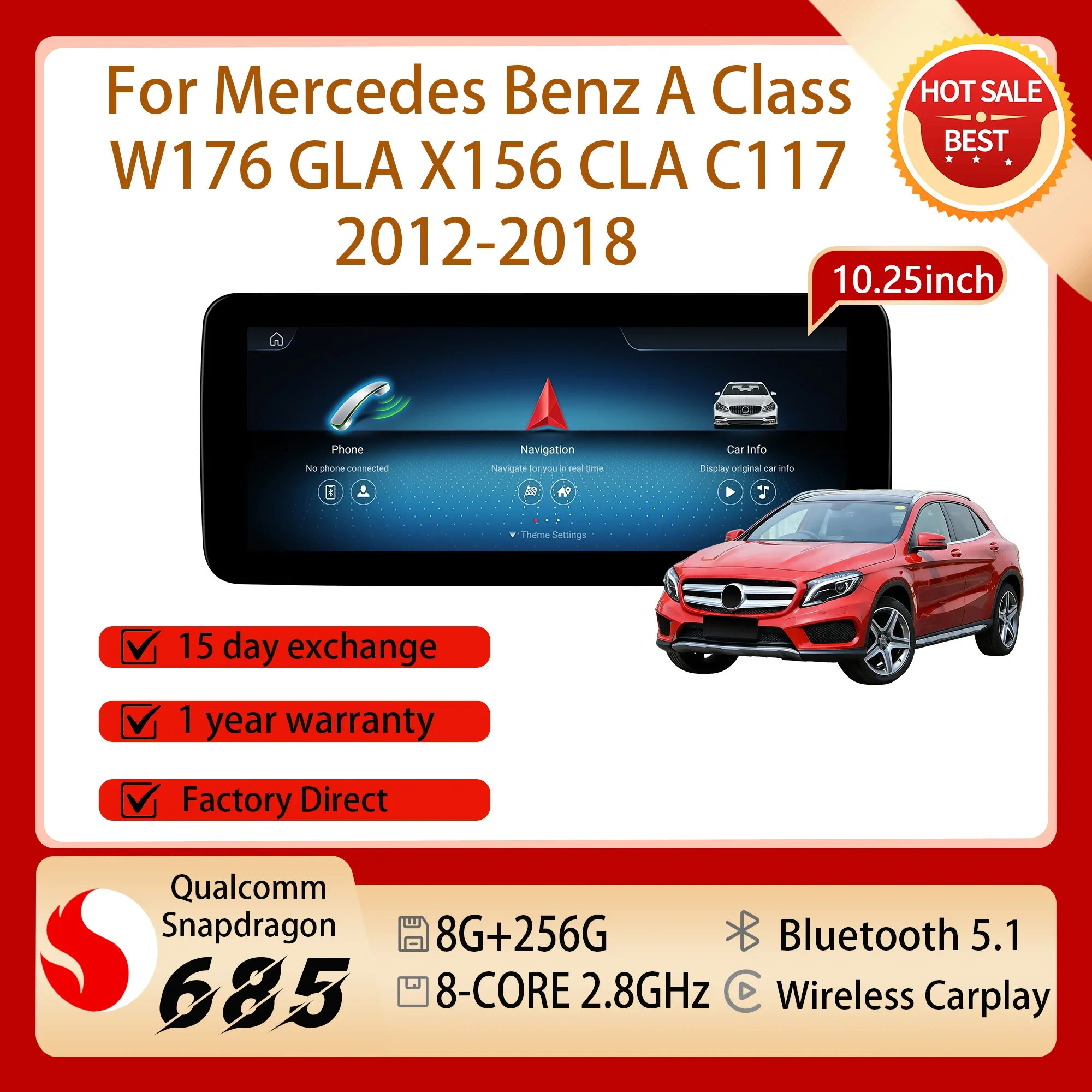 10.25'' Screen Carplay Android 14 For Mercedes Benz A Class W176 GLA X156 CLA C117 2012-2018 Snapdragon 685 Car Radio Multimedia