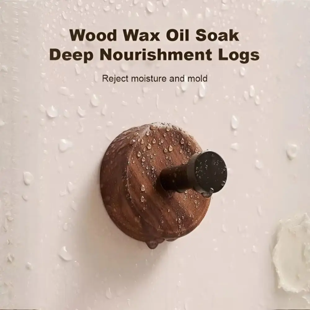 

Creamy Style Solid Wood Hook Round Design Natural Walnut Coat Hook Metal Pothook Wall Mounted No Drilling Hook Entrance
