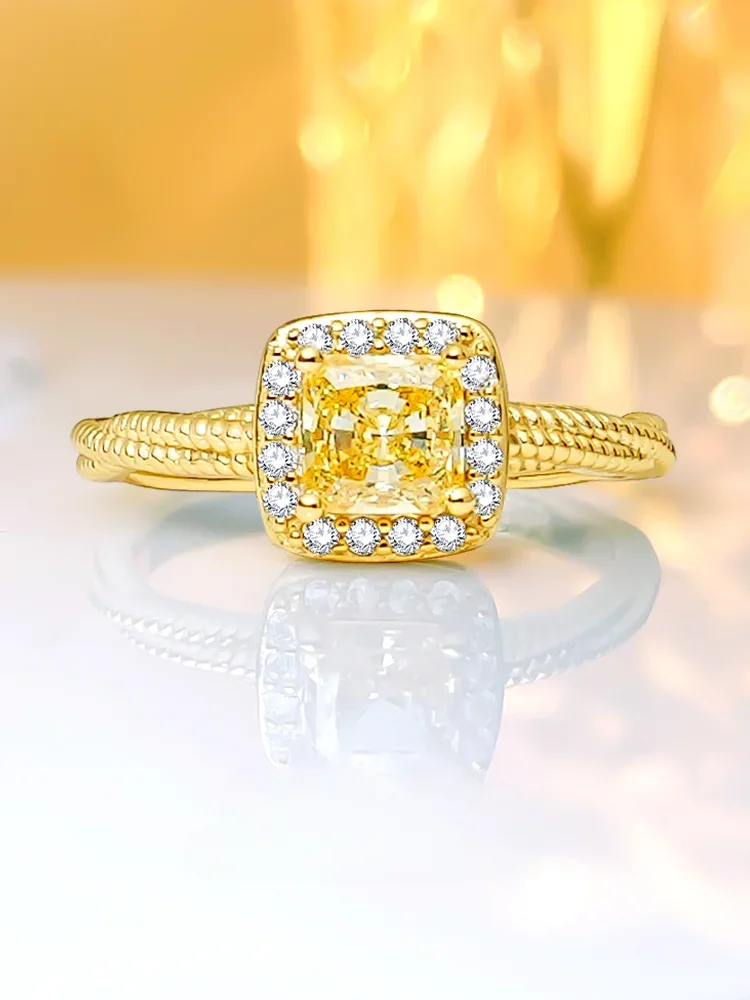 Light luxury 925 sterling silver yellow diamond plated gold ring set with high carbon diamond temperament, niche hot selling