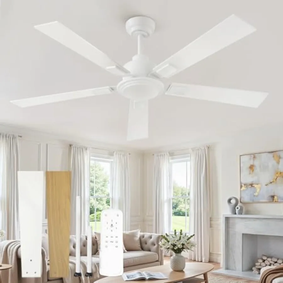 

52 Inch Ceiling Fan No Light with Remote White Ceiling Fan without Lights Quiet Reversible DC Motor 6-Speeds Modern Ceiling Fan