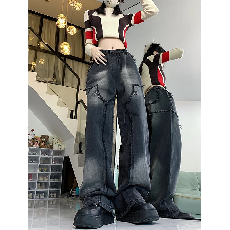 Y2k Jeans Woman Unique High Waisted Denim Pants Patchwork Chic Loose Elastic Waist Jeans High Street Korean Fashion Trouser 2024