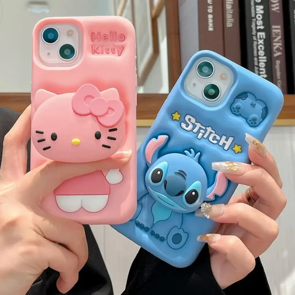 For iPhone 15 Pro Max 15 14 Pro Max  3D Stitch Kitty Face Grip Tok Holder Cartoon Silicon Soft Phone Case