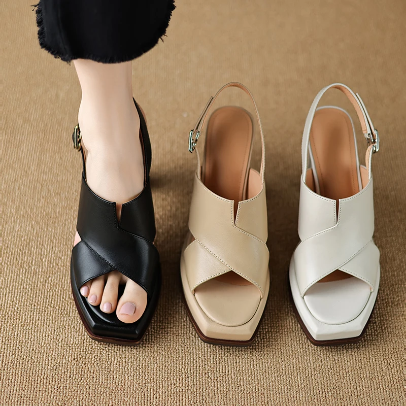 【JOCHEBED HU】Handmade Genuine Leather Summer One-button Thick Open Toe Sexy Professional High Heels Temperament Female Sandals