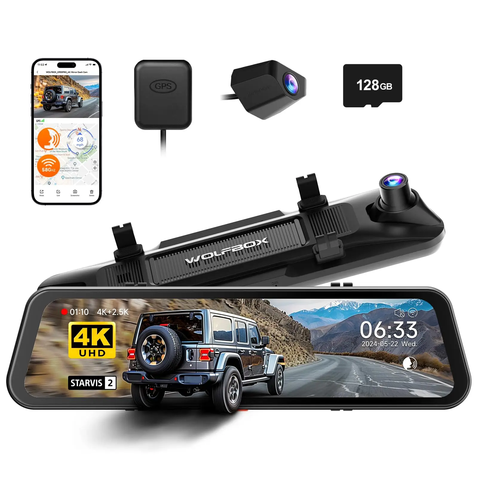 Wolfbox G900PRO Night Vision 12 Inch 4k Black Rearview Mirror Dual Camera Car Dash Cam With Gps