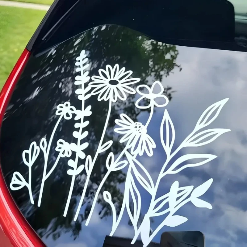 1pc  Auto Trunk Bumper Vinyl Decals Waterproof DIY Campervan Windows Durable Decor Camping Plant Wild Flowers Car Stickers