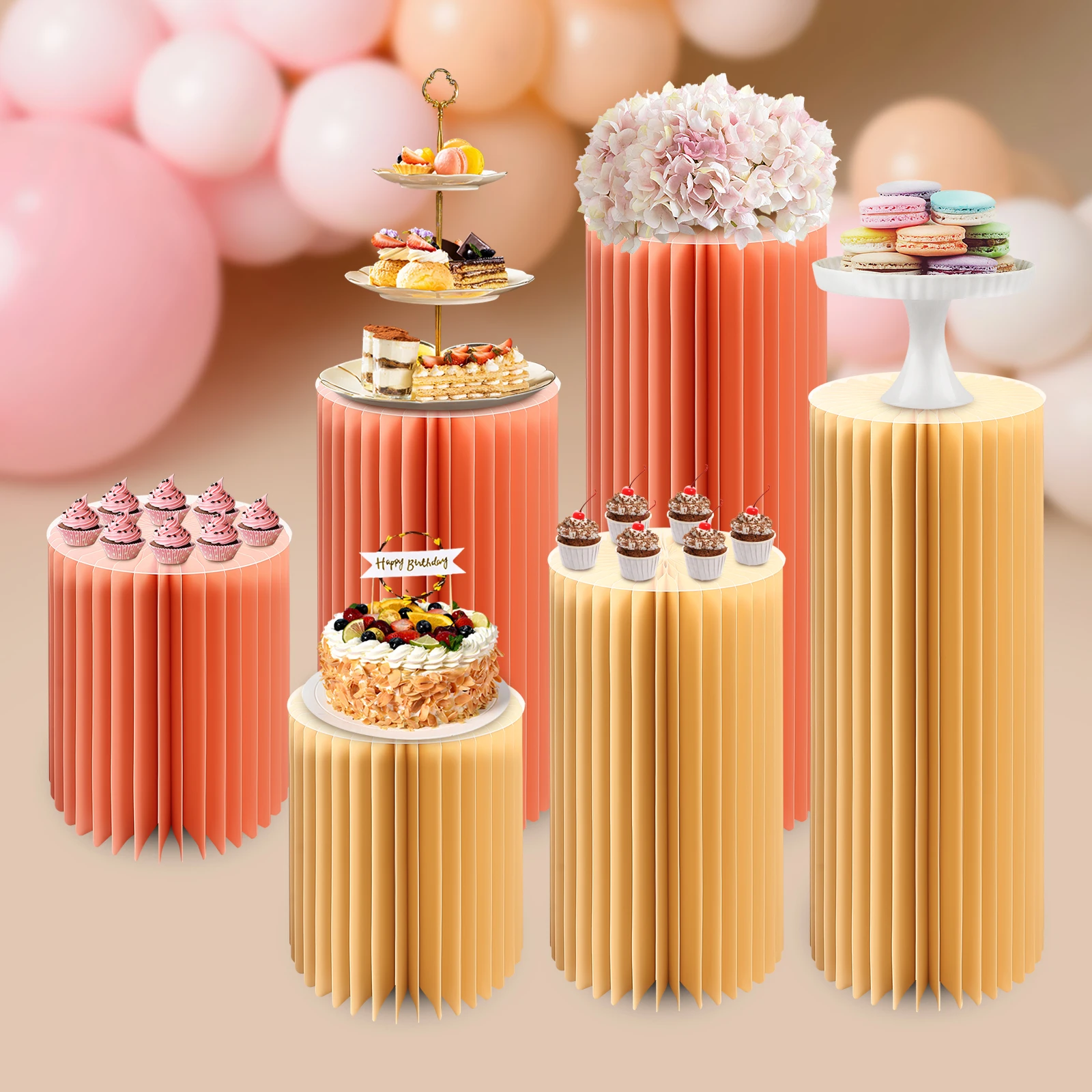 

3PCS Engagement Cardboard Vase Column Party Dessert Flower Display Stand Props Champagne/Pink Balloon Candlestick Holder