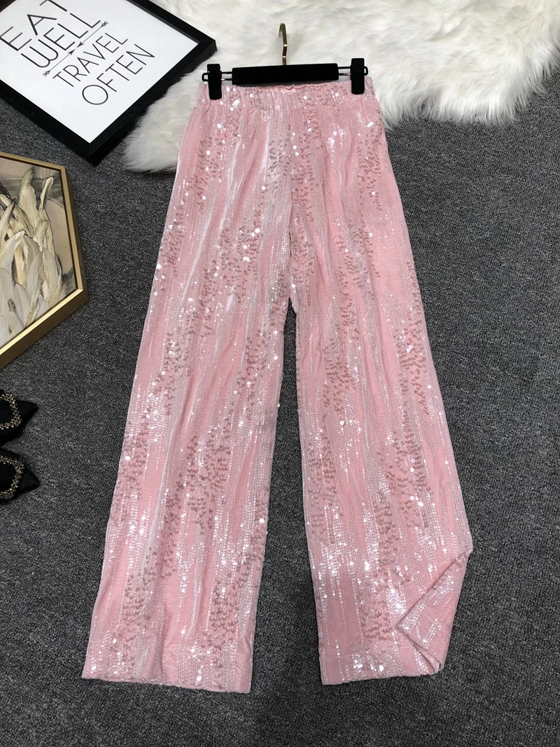 2023 Women Shiny Sequins Wide Leg Pants Bling Luxury Chic Capris Casual Club Party Mujer Women Pant Capris Silver White Pink