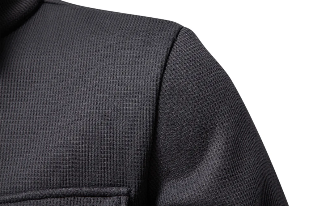 Autumn Winter Fleece Waffle Lapel Zip-Up Jacket Men's Pocket Casual Outerwear
