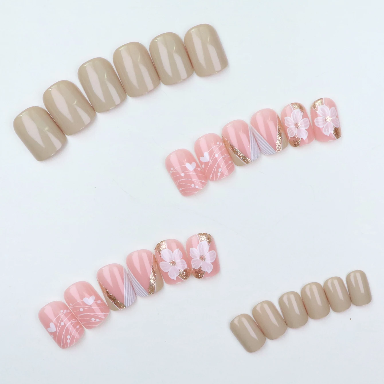 24PCSShort Square Nail Press Acrylic Fake Nail French Nude Powder Ribbon Flower Gold Glitter Design Fake Nail Full Coverage Nail