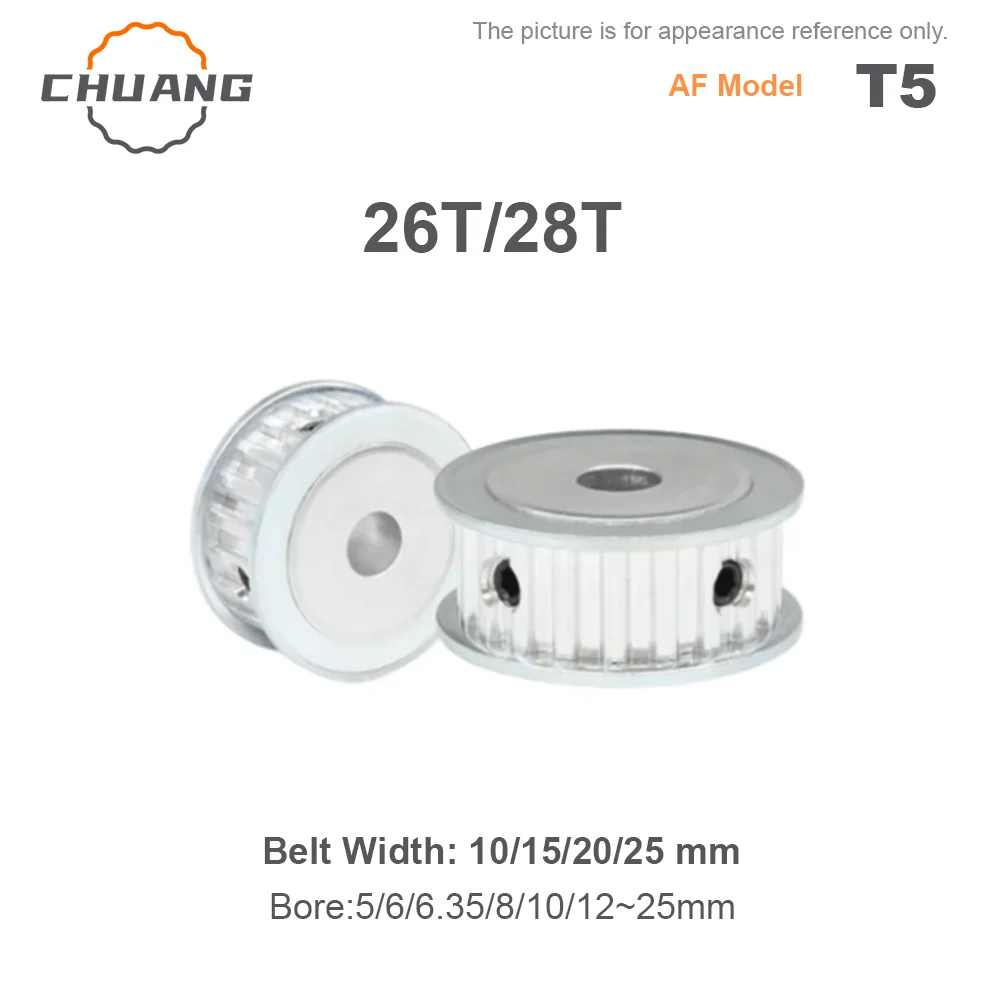 

T5 Timing Pulley Aluminum Alloy 26T / 28T AF type Synchronous Wheel Belt Width 10/15/20/25mm Bore 5/6/6.35/8/10~25mm 5mm Pitch