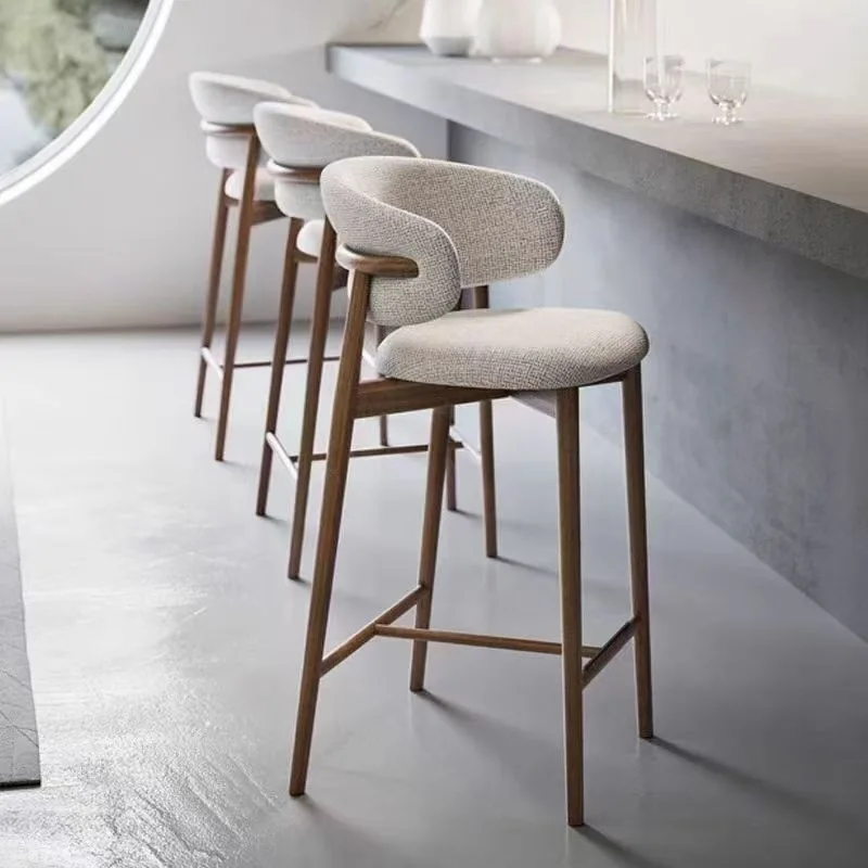 

#Nordic Modern Style Solid Wood Bar Stool With High Footrest And Linen Fabric Curved Backrest For Living Room