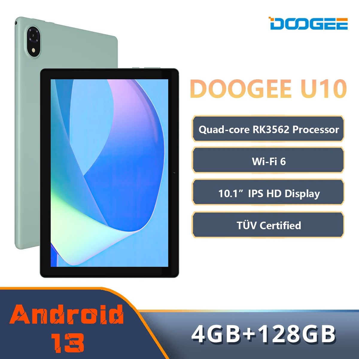 Tablet DOOGEE U10 10.1 "IPS wyświetlacz HD WiFi6 TÜV certyfikowany Widevine L1 czterordzeniowy Android 13