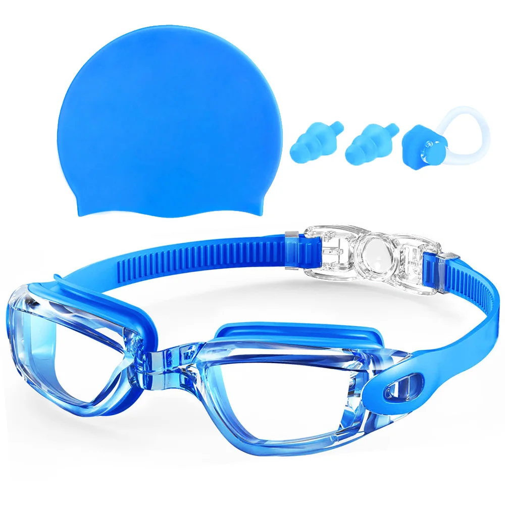 Schwimmbrillen und Silikon-Badekappen-Sets mit Nasenklammer-Ohrstöpseln, wasserdicht, kein Auslaufen, beschlagfrei, UV-Schutz, Schutzbrille – Detail 15