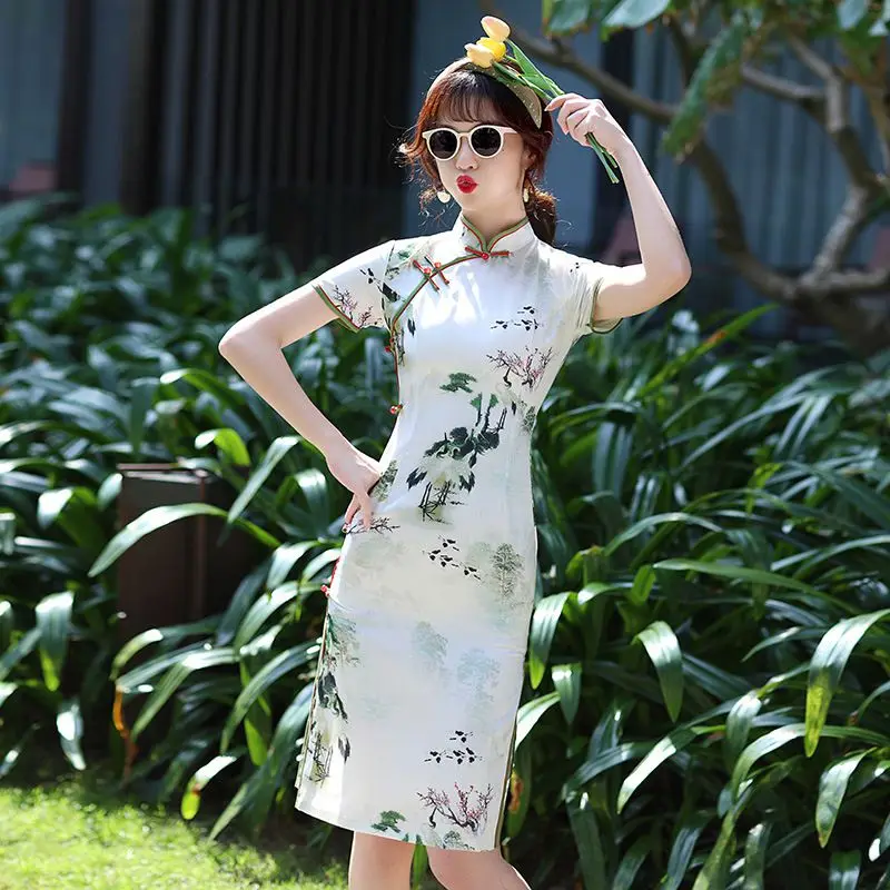 Chinese Style Qipao Sexy Women Plus Size Cheongsam Vintage Classic Short Vestidos Dress 3XL