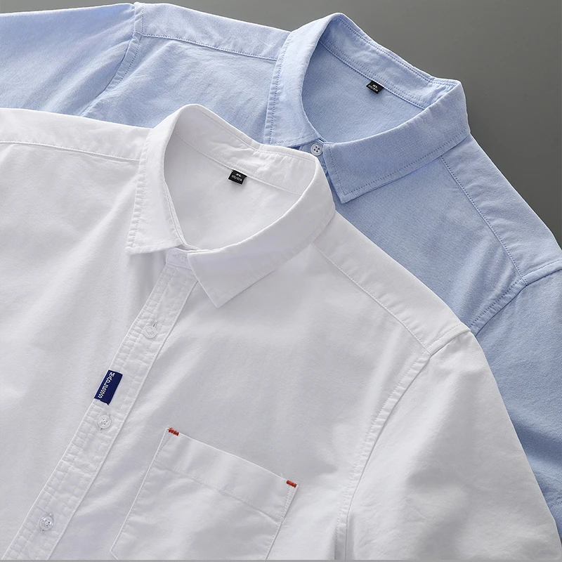 

100% Cotton Oxford Spinning Shirt for Men Summer Casual Solid Color Blouse Man White Short-Sleeved Tops