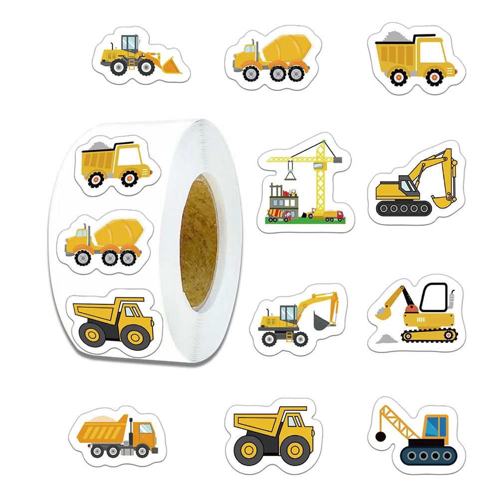 500pcs Engineering Vehicle Cartoon Stickers Roll Cute Truck Excavator Seal Label Decoration Decals DIY Laptop Kid Reward Sticker