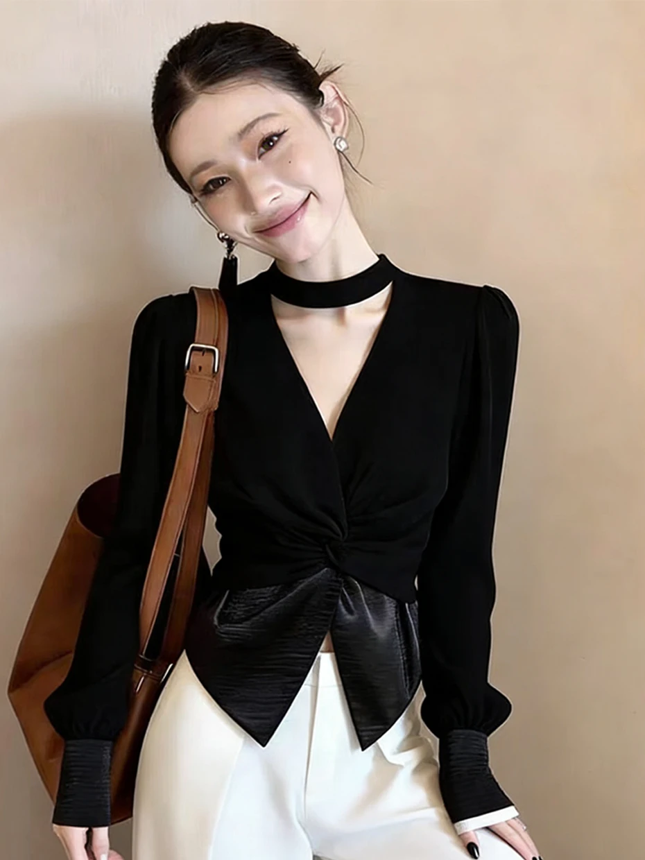 

Slim Fit Black V-Neck Women's Shirt Korean Style Fashionable Trendy Spring Opening Cardigan Waist Cinched Long Sleeve Shirt
