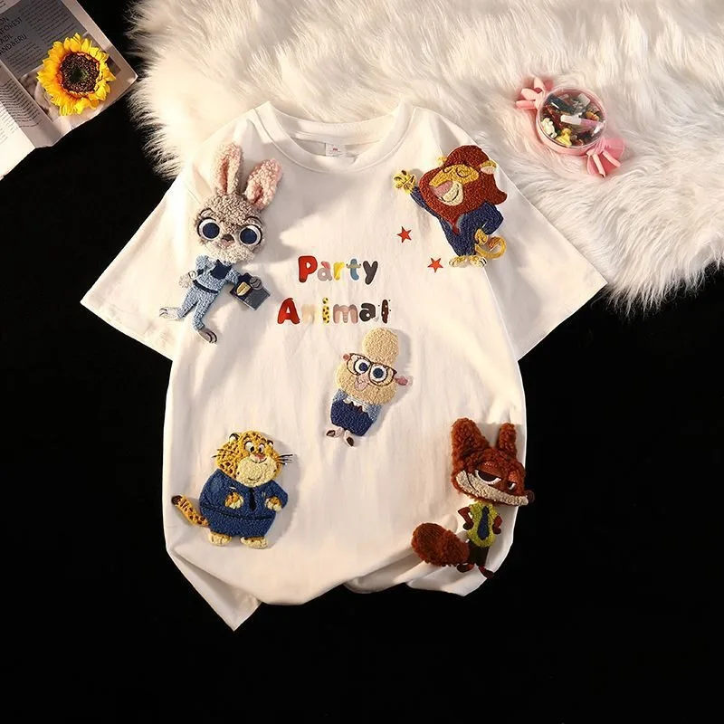 Disney Zootopia letnie ubrania Cartoon śliczne t-shirty z krótkim rękawem kobiety mężczyźni moda luźne Y2k pary nowy trend topy