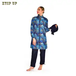 Dubai 3 Pcs/set Muslim Swimwear Women's Printed Solid Color Patchwork Hijab Long Sleeve Sports Islamic Burkini Wearing Swimwear