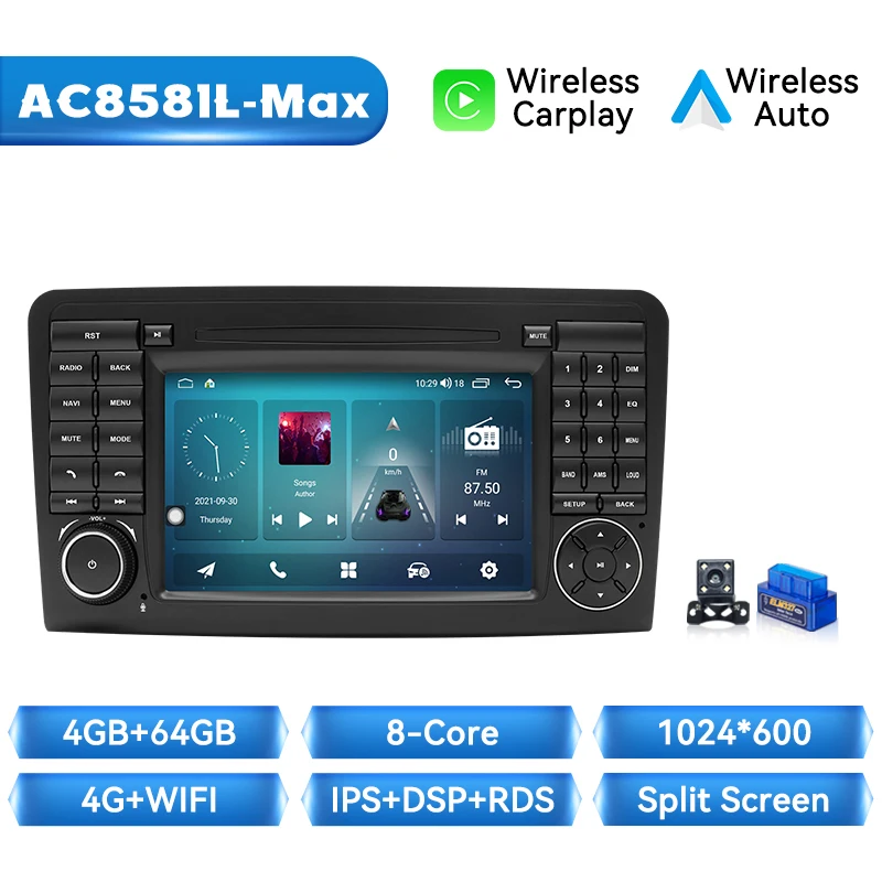 8G + 128G Draadloze Carplay Android 14 Autoradio Multimedia Voor Benz Ml 320/350/W164(2005-2012) Gl Dsp Navigatie 4G Wifi Head Unit