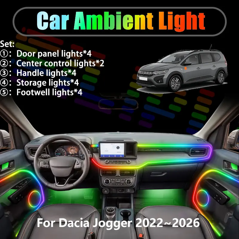 

For Dacia Jogger 2022~2026 2/18 in 1 Car ambient lighting Led trunk interior led lights USB RGB Ensemble Streamer Auto Parts