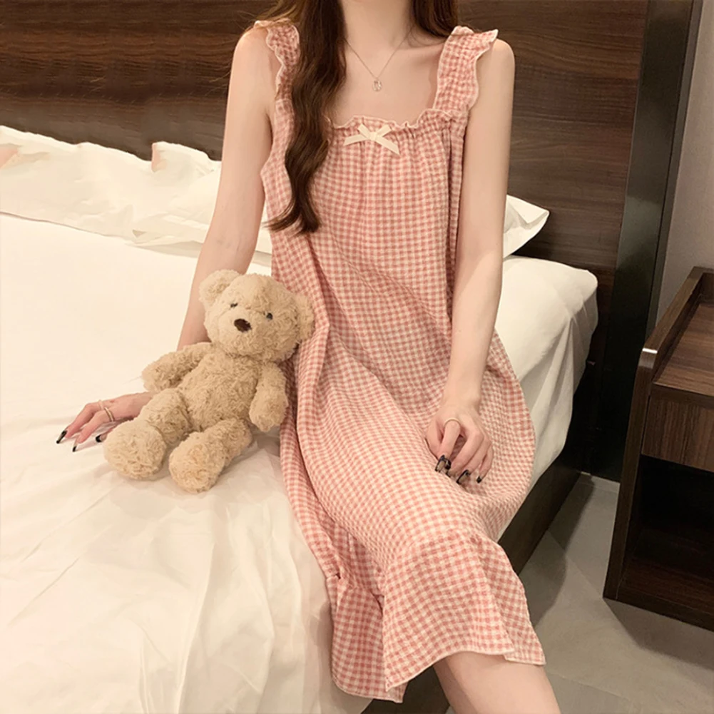 

Womens With Bra Pads Plaid Pajamas Suspenders Sweet Cute Home Clothes Nightdress