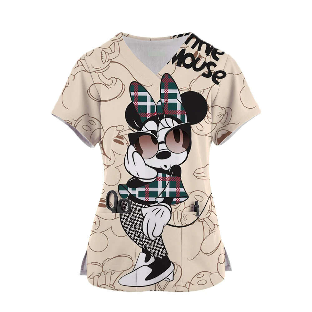 Women Nursing Clothing Disney Minnie Mickey Print Nursing Scrubs T-Shirt Tops Casual Short Sleeve V-neck Pocket Women Uniform