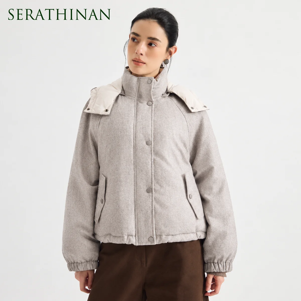 KL7623948 Women's Wool Cashmere Blend 100% Goose Down Jacket Shimmering Sequin Hooded Coat Understated Old Money Fall pop
