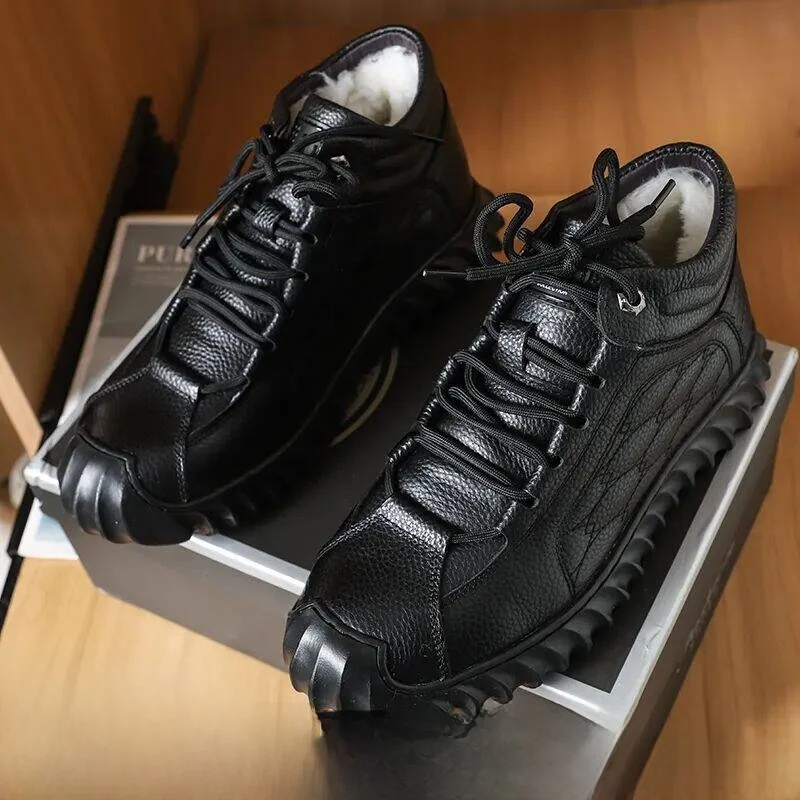 

Warm Fleece Lined Thickened Leather Men's Casual Shoes Fashionable Winter Boots Low Cut Slip-On round Toe Rubber Outsole