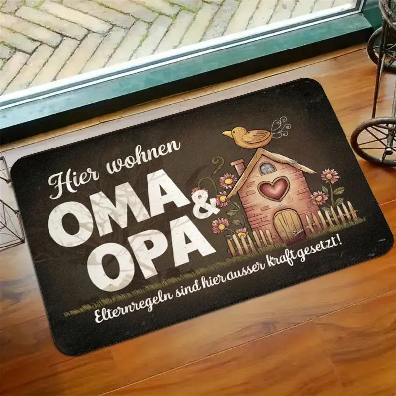 VIKAMA Vintage German Doormat, “Oma Opa” Slogan, Non-Slip, Washable Entryway Mat, Hallway and Porch Rug, Home Decor