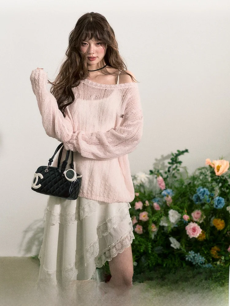 

RECOIN RC Women's Pink Hollow out Knitted Top oulder Bared Two-Way Wear Sun Protection Cover up Loose Fit Long Sve